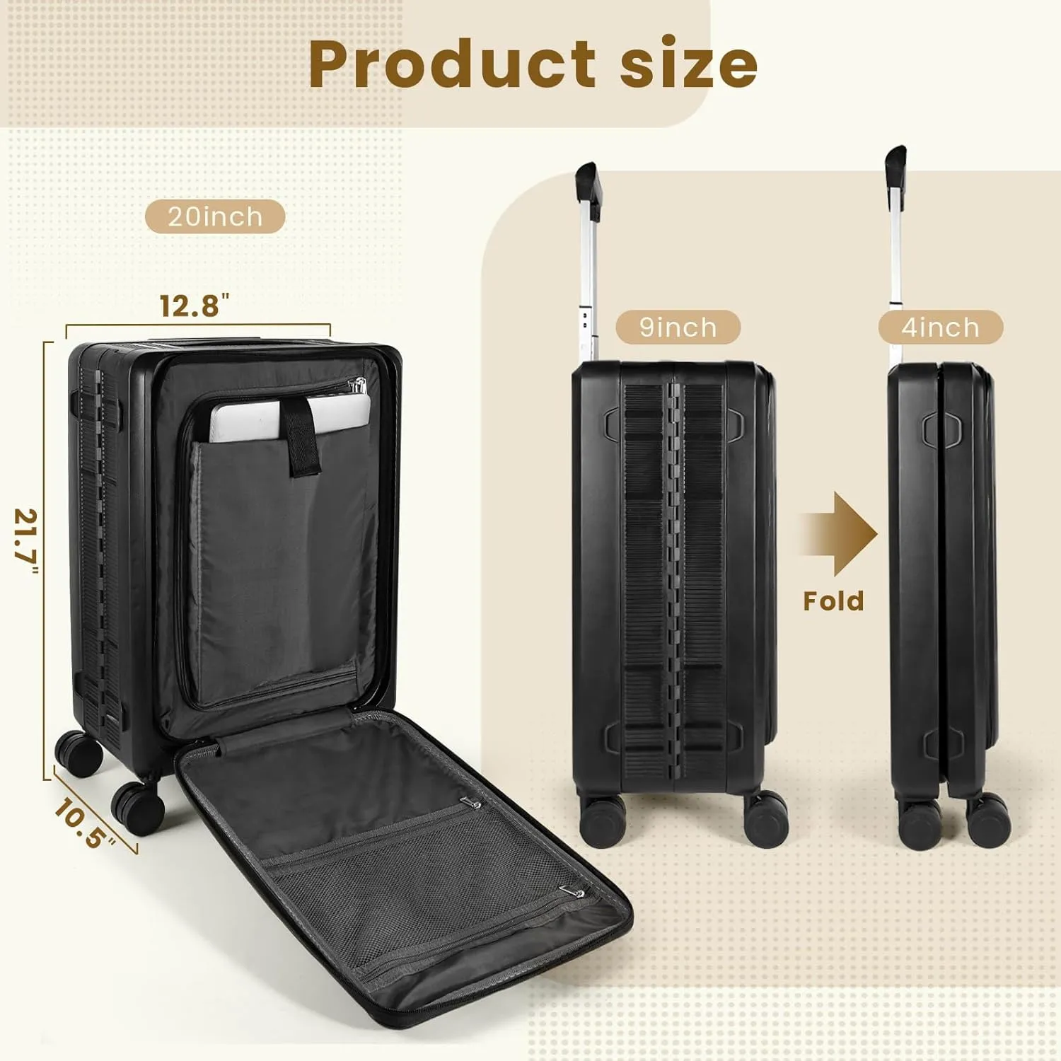 20-Inch Lightweight Collapsible Expandable Carry-On Suitcase  Water and Impact Resistant, Silent Double Spinner Wheels, Airline Approved (Black)