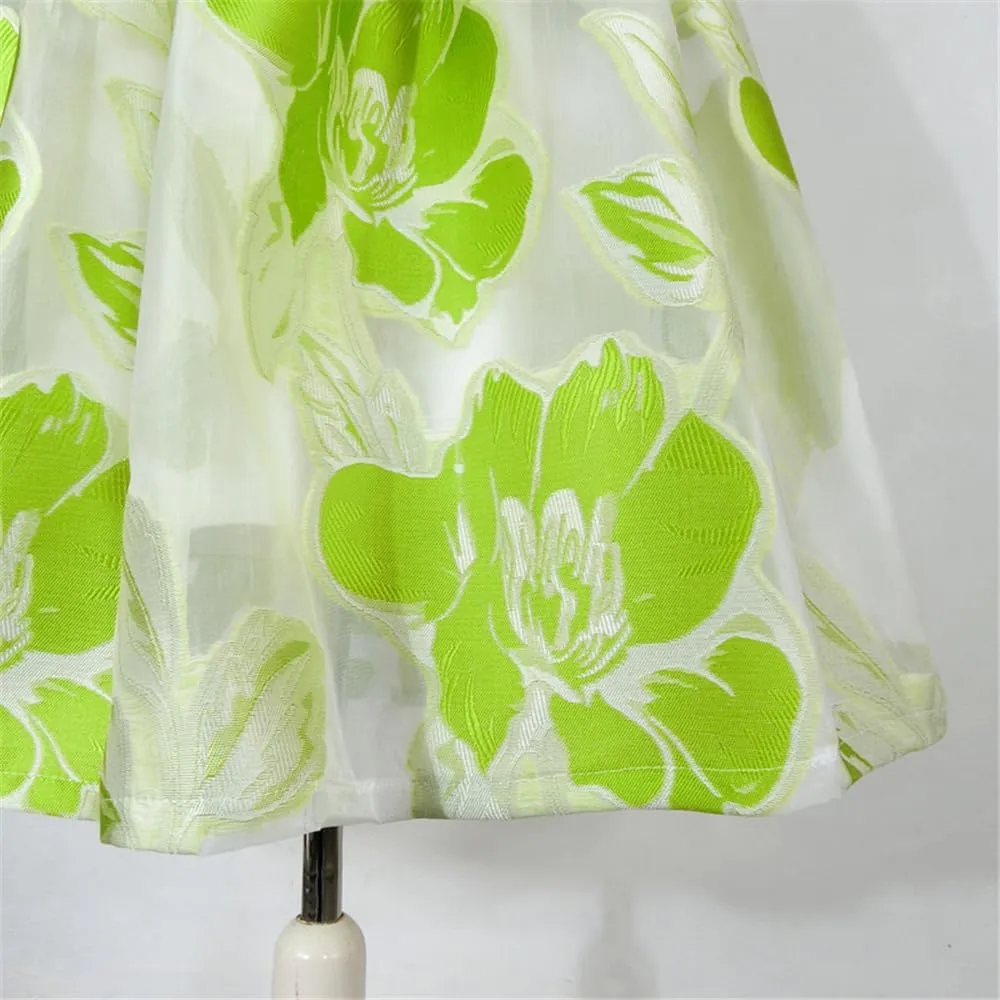 2023 Summer Vintage Aesthetic High Waist Long Pleated Midi Skirt Floral Embroidery