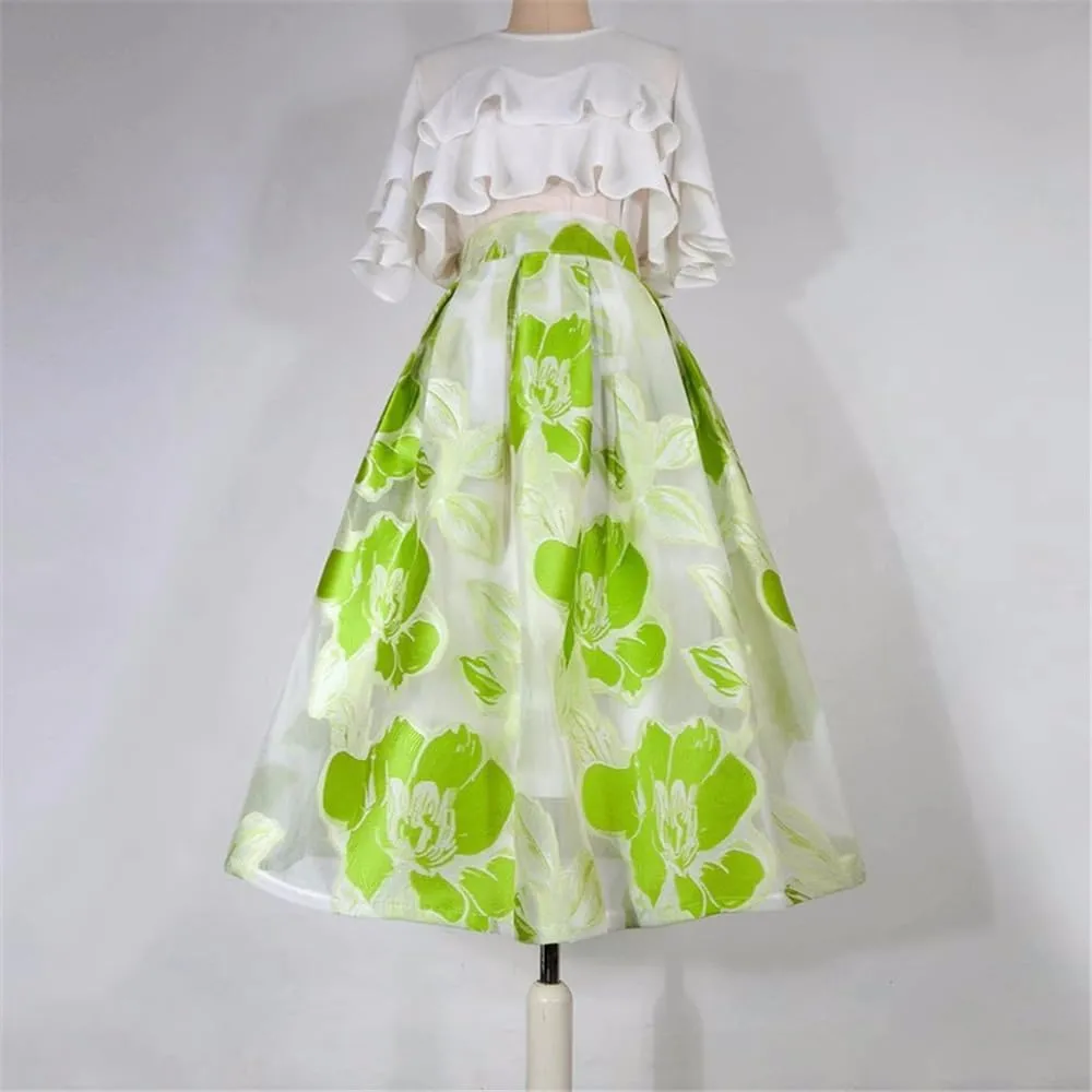 2023 Summer Vintage Aesthetic High Waist Long Pleated Midi Skirt Floral Embroidery