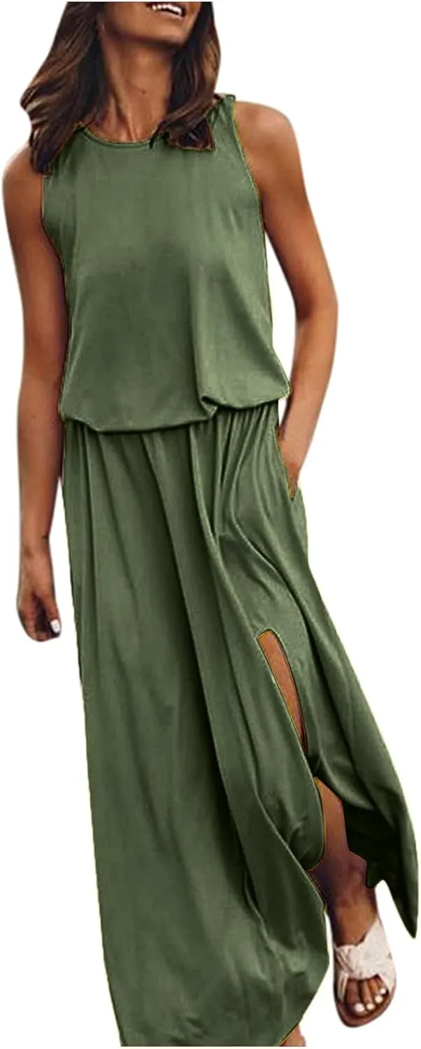 2024 Women Summer Dresses Sleeveless Casual Loose Midi Tank Dress Hide Belly Blouson Knee Length Sundress with Pockets