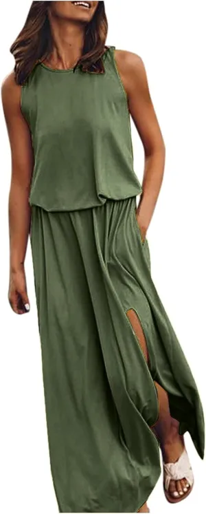 2024 Women Summer Dresses Sleeveless Casual Loose Midi Tank Dress Hide Belly Blouson Knee Length Sundress with Pockets