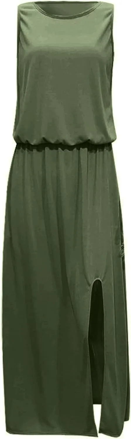 2024 Women Summer Dresses Sleeveless Casual Loose Midi Tank Dress Hide Belly Blouson Knee Length Sundress with Pockets
