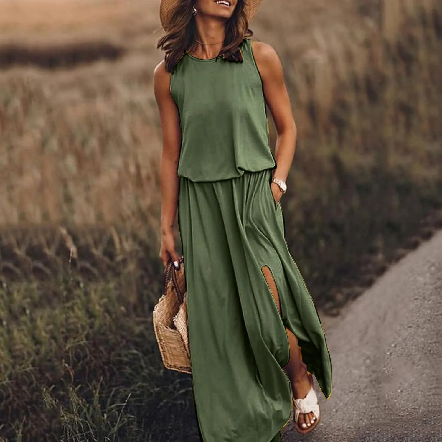 2024 Women Summer Dresses Sleeveless Casual Loose Midi Tank Dress Hide Belly Blouson Knee Length Sundress with Pockets
