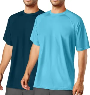 2Pack Swim Shirts for Men Sweatshirts Short Sleeve Rash Guard UPF 50  Sun UV Shirt for Fishing Hiking Swimming Beach Running Water Athletic T-Shirts Rashguard Quick Dry Aqua Blue & Blackish Blue L