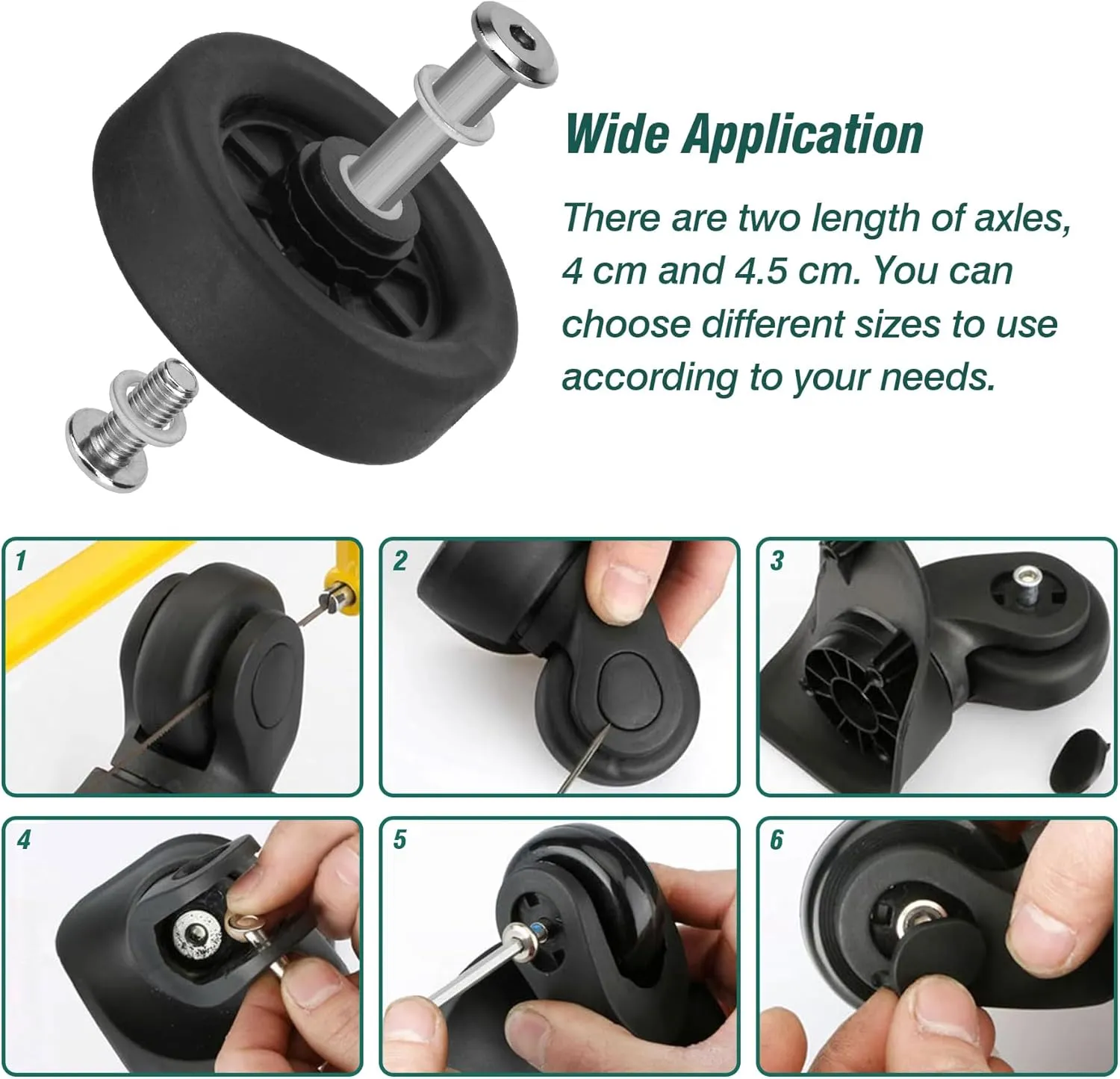 4pcs Luggage Wheels Replacement OD 50mm, Rubber Repair Suitcase Swivel Casters, Wear Resistant Mute Parts Black, EAC5