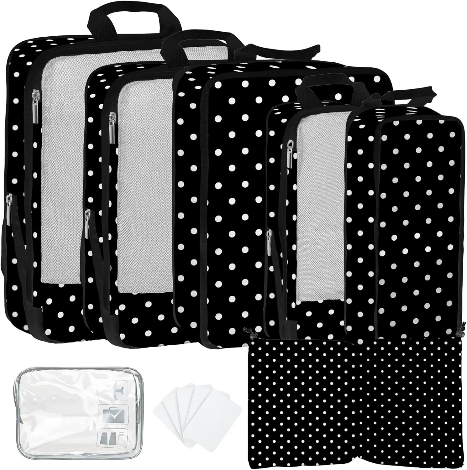 7 Pcs Compression Packing Cubes for Travel, Waterproof Suitcase Luggage Backpack Organizer with Toiletry Bag Travel Essentials for Women/Men-Polka Dots