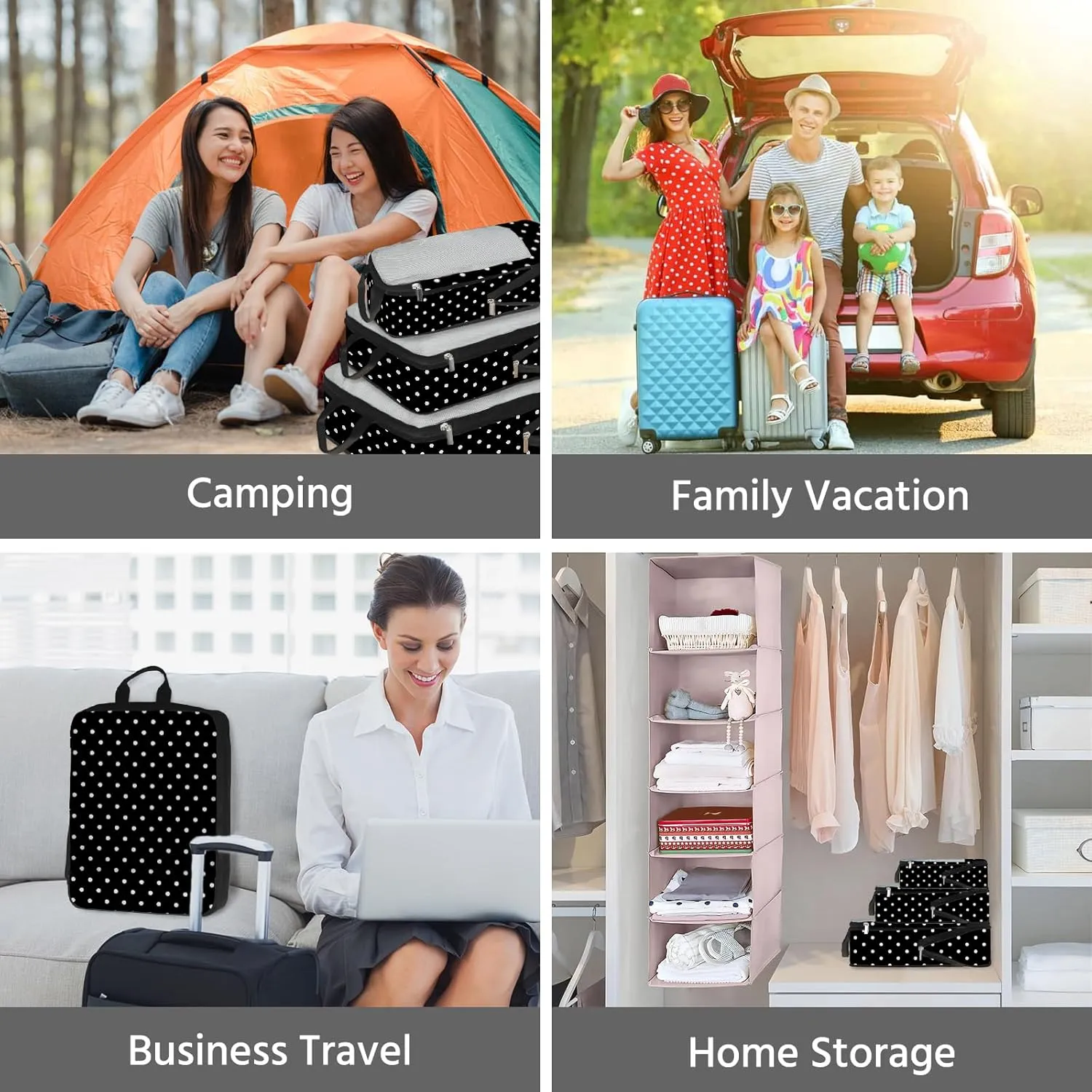 7 Pcs Compression Packing Cubes for Travel, Waterproof Suitcase Luggage Backpack Organizer with Toiletry Bag Travel Essentials for Women/Men-Polka Dots
