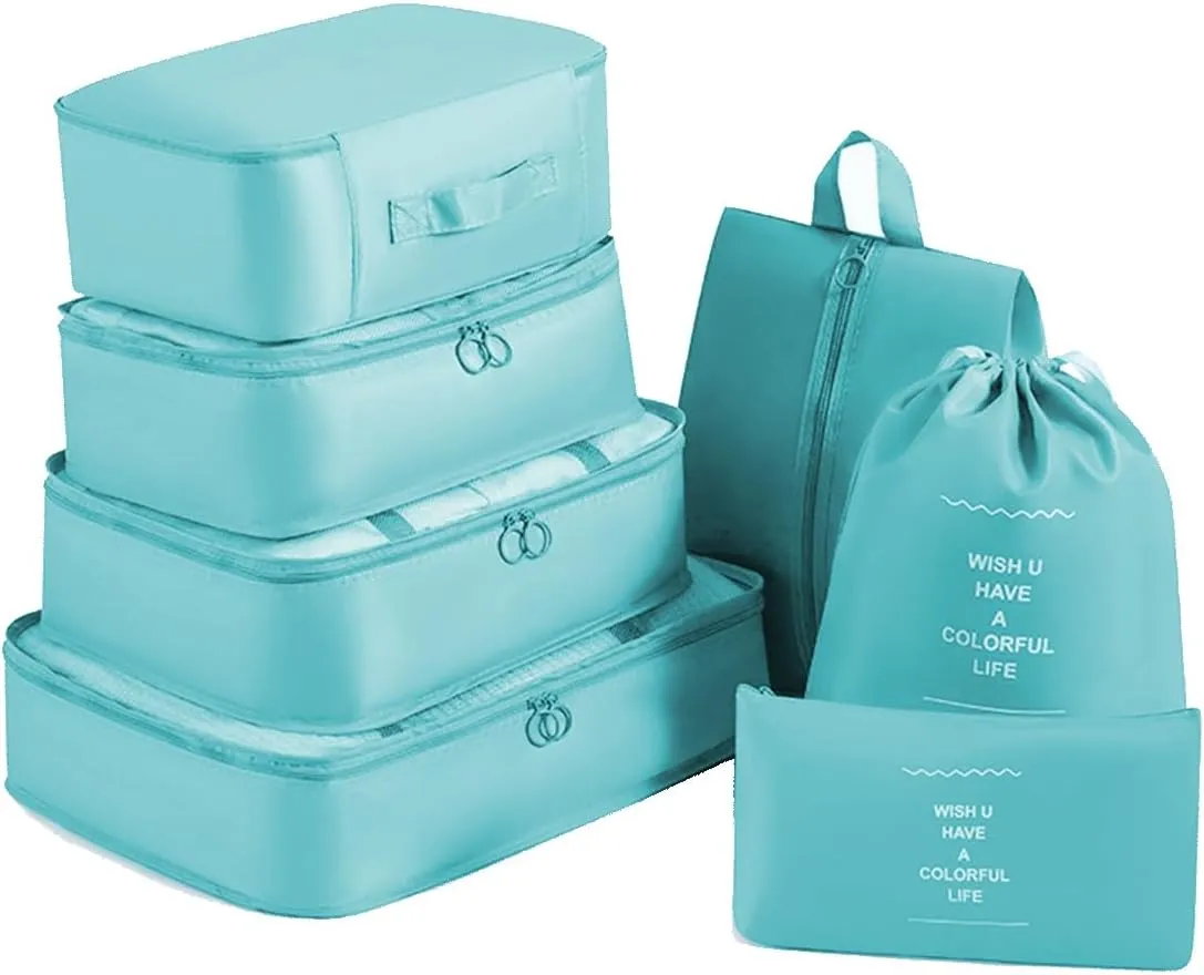 7 Set Packing Cubes Travel Bags Organizer for Luggage Packing Organizers Travel Accessories Set for Suitcases with Laundry Bag(Aqua Blue)