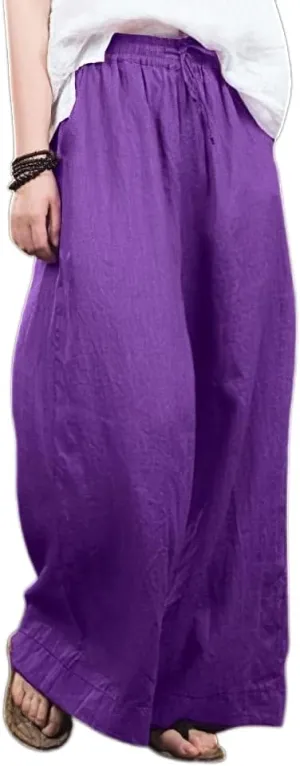Akivide Womens Cotton Linen Palazzo Pants Drawstring Elastic High Waist Casual Wide Leg Trousers with Pockets