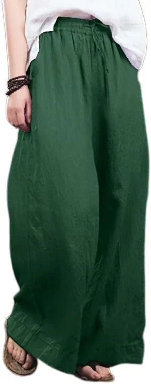 Akivide Womens Cotton Linen Palazzo Pants Drawstring Elastic High Waist Casual Wide Leg Trousers with Pockets