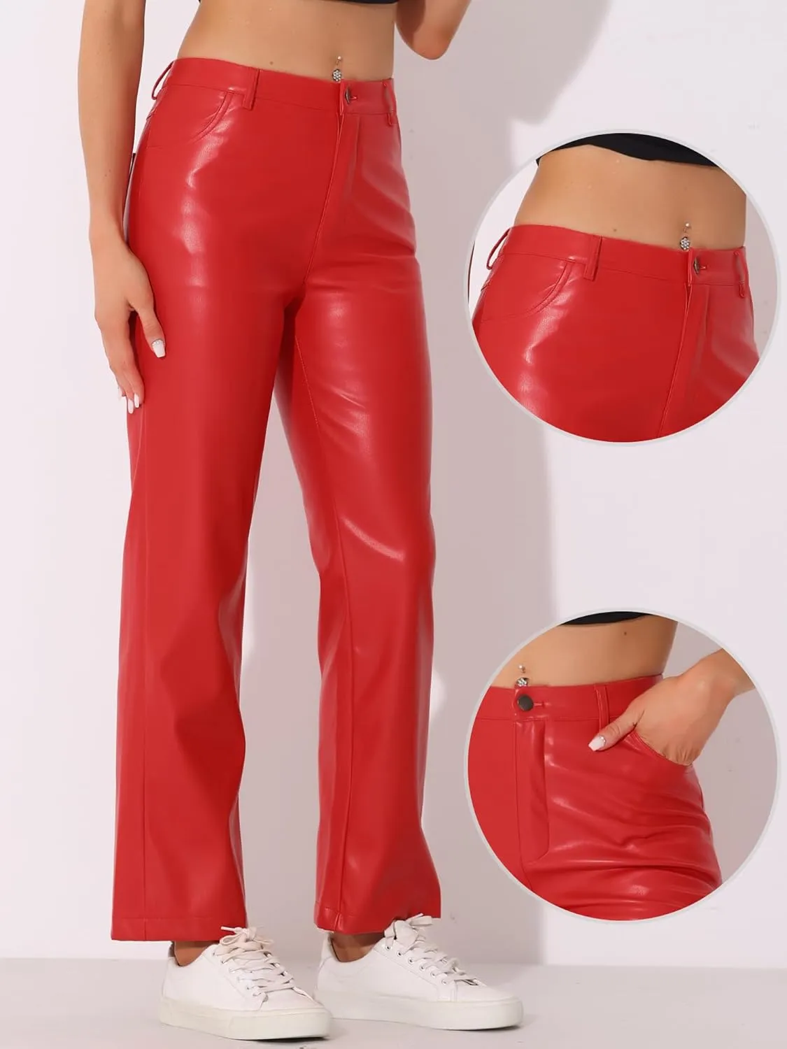 Allegra K Faux Leather Pants for Women's High Waist Straight Leg Punk PU Trousers