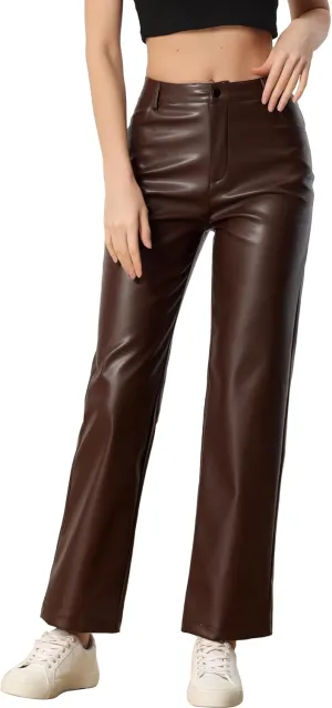 Allegra K Faux Leather Pants for Women's High Waist Straight Leg Punk PU Trousers