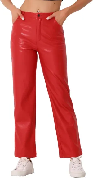 Allegra K Faux Leather Pants for Women's High Waist Straight Leg Punk PU Trousers