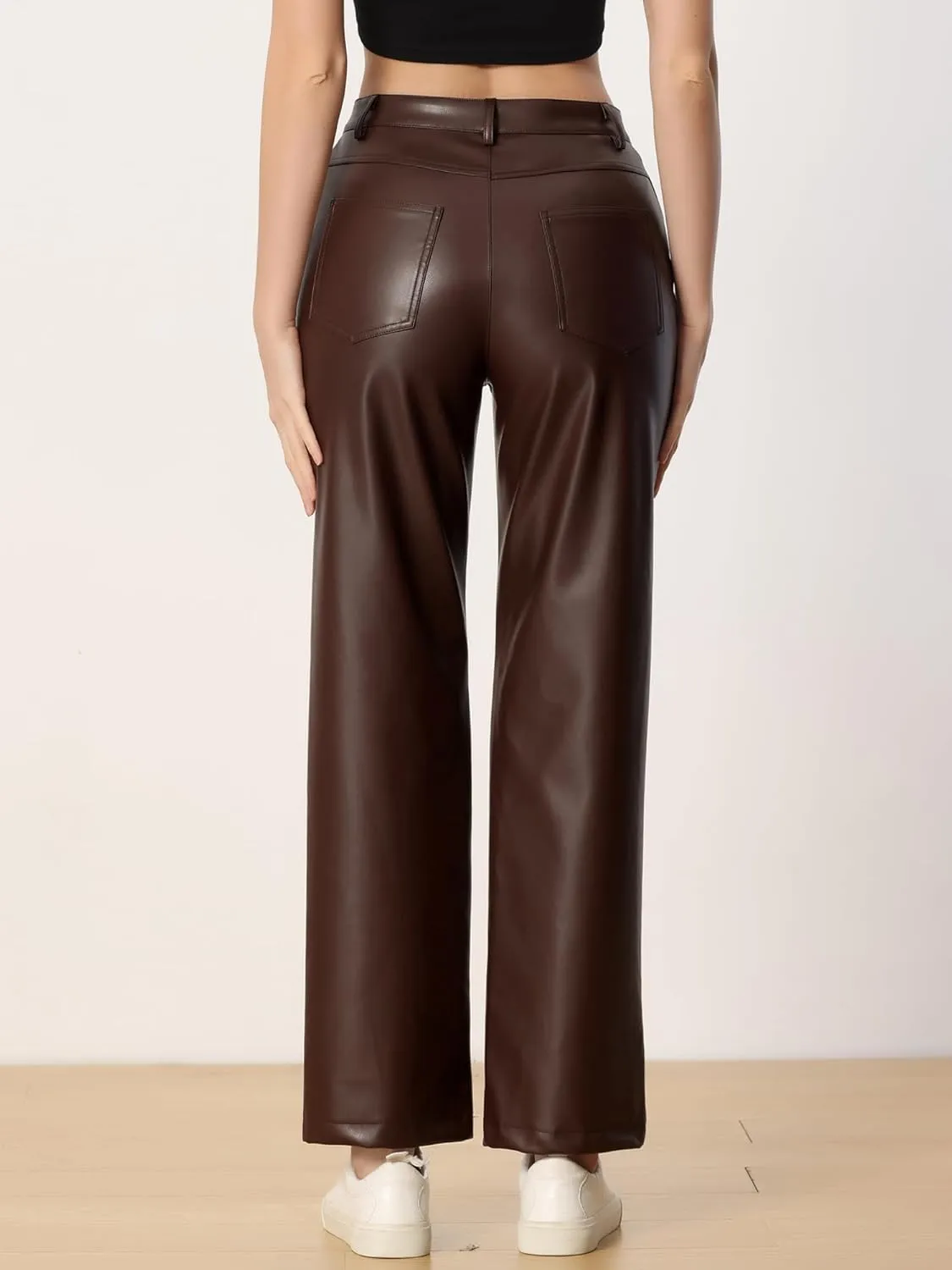 Allegra K Faux Leather Pants for Women's High Waist Straight Leg Punk PU Trousers