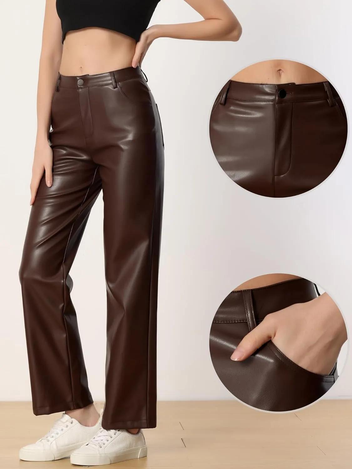 Allegra K Faux Leather Pants for Women's High Waist Straight Leg Punk PU Trousers