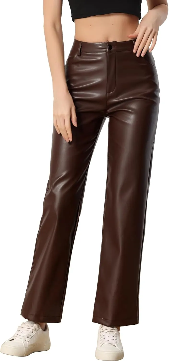 Allegra K Faux Leather Pants for Women's High Waist Straight Leg Punk PU Trousers