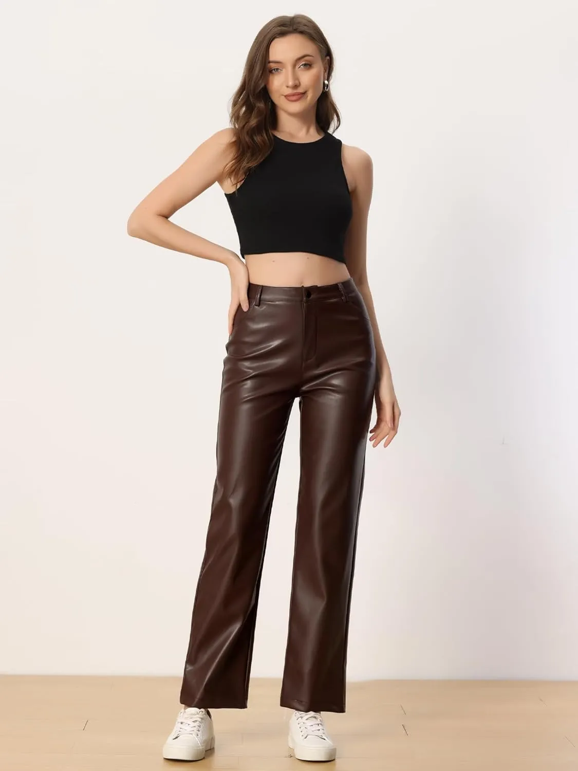 Allegra K Faux Leather Pants for Women's High Waist Straight Leg Punk PU Trousers
