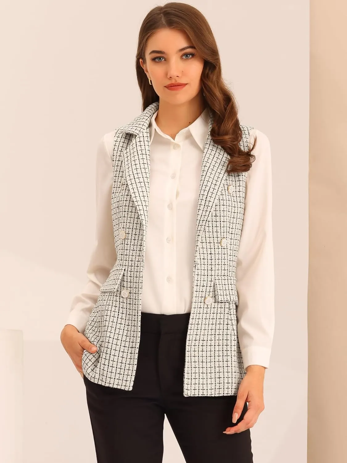 Allegra K Women's Vintage Tweed Blazer Vest Open Front Plaid Sleeveless Cardigan Casual Work Vest Jacket