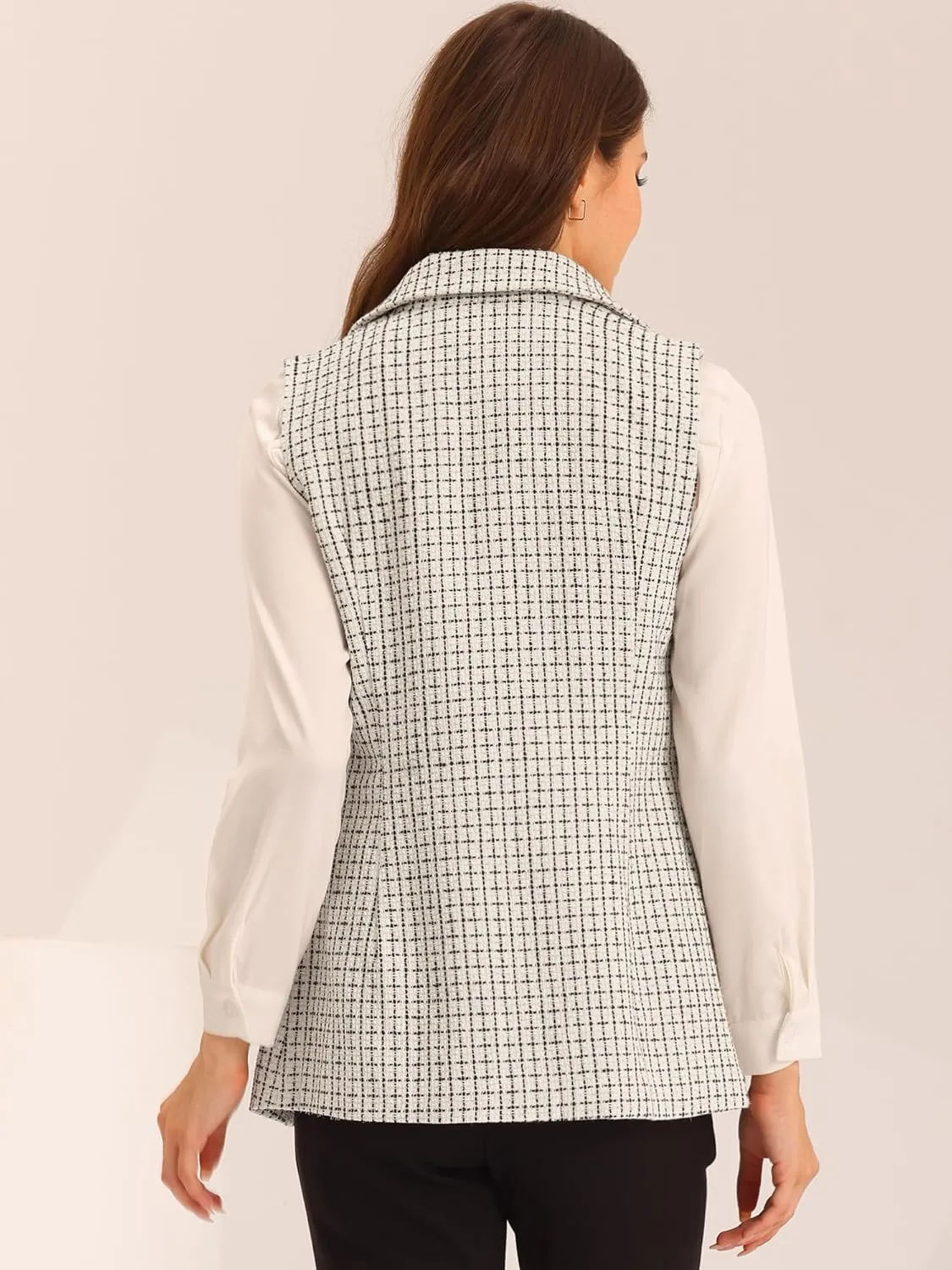 Allegra K Women's Vintage Tweed Blazer Vest Open Front Plaid Sleeveless Cardigan Casual Work Vest Jacket