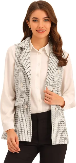 Allegra K Women's Vintage Tweed Blazer Vest Open Front Plaid Sleeveless Cardigan Casual Work Vest Jacket