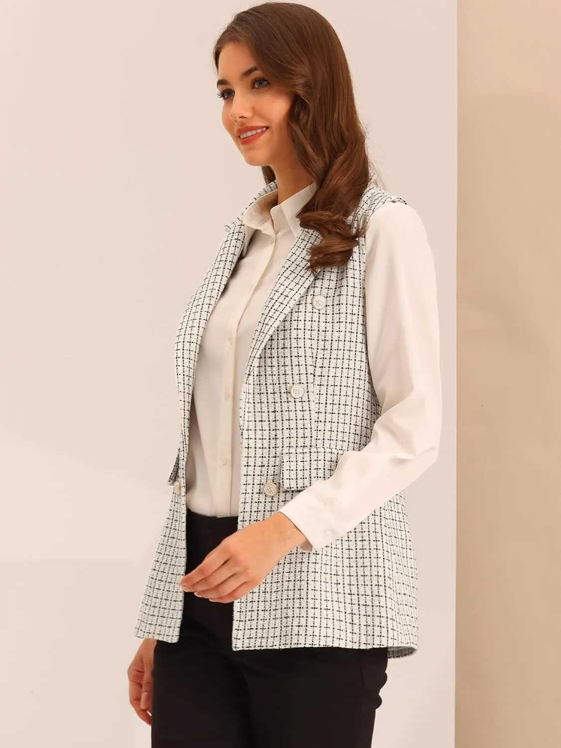 Allegra K Women's Vintage Tweed Blazer Vest Open Front Plaid Sleeveless Cardigan Casual Work Vest Jacket