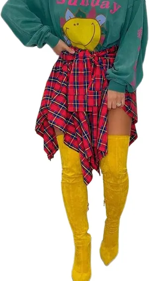 ALLUMK Women Casual Plaid Print Irregular Hem Mini Skirts High Waist A-Line Skirts with Belt