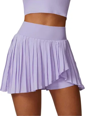 Anna-Kaci Women's High Waist Pleated Skort with Built-in Shorts and Asymmetrical Wrap Design