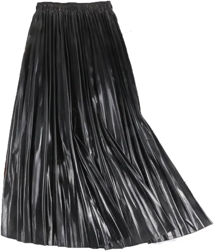 Autumn Winter High Waist A-Line Midi Pleated Skirt Women Gold Silver Elegant Long Skirts