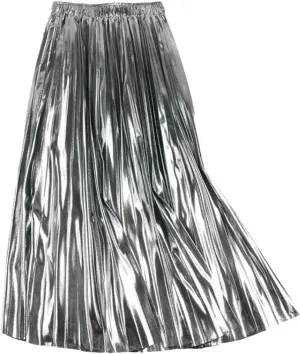 Autumn Winter High Waist A-Line Midi Pleated Skirt Women Gold Silver Elegant Long Skirts
