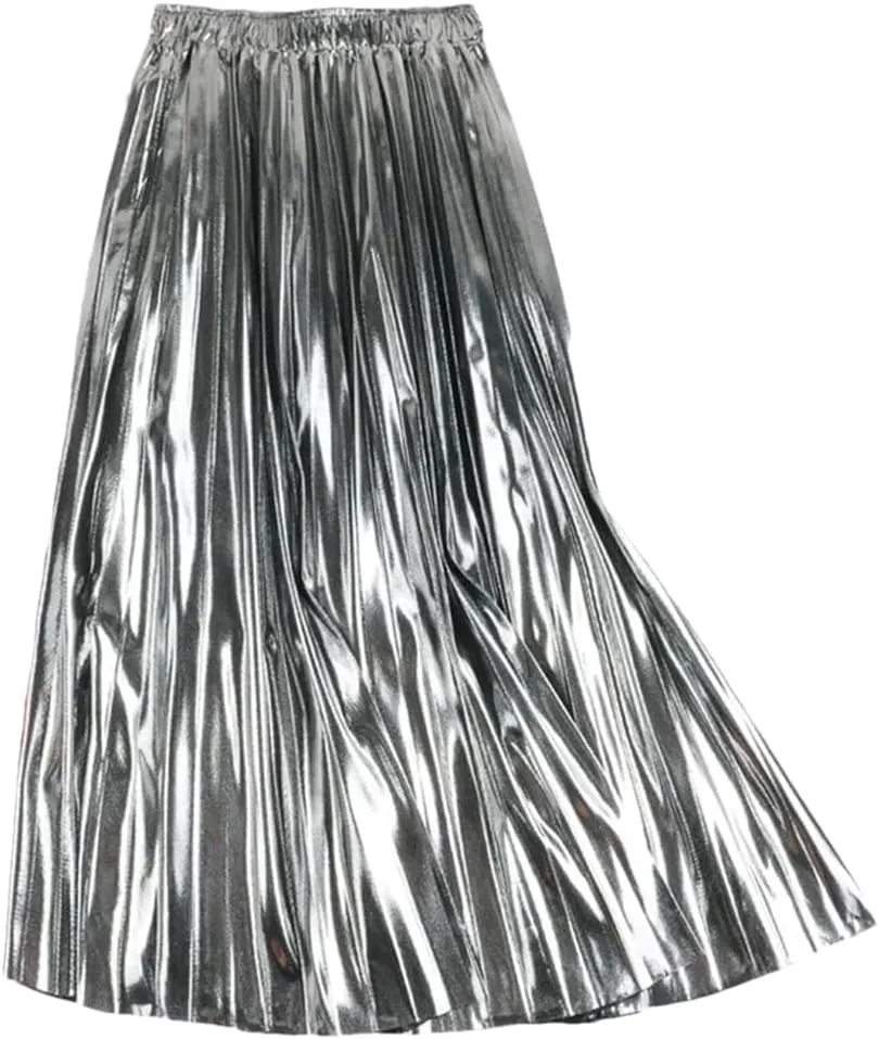 Autumn Winter High Waist A-Line Midi Pleated Skirt Women Gold Silver Elegant Long Skirts