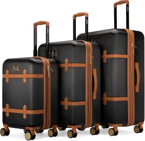 Badgley Mischka Grace 3 Piece Polycarbonate-ABS Expandable Retro Luggage Set (Black)
