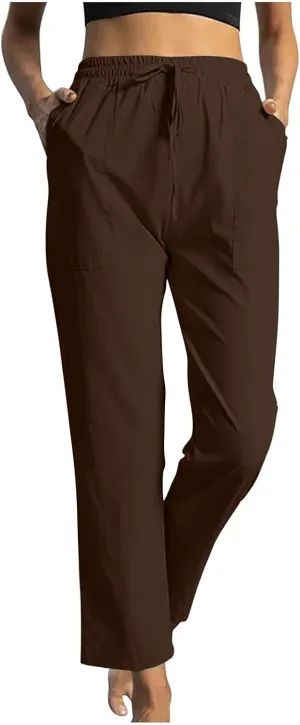 Beach Pants for Women Dressy Casual Wide Leg Linen Pants for Women Drawstring Trousers with Pockets