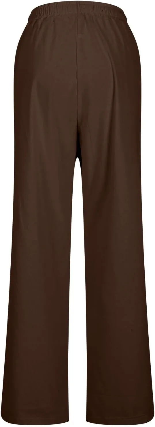 Beach Pants for Women Dressy Casual Wide Leg Linen Pants for Women Drawstring Trousers with Pockets
