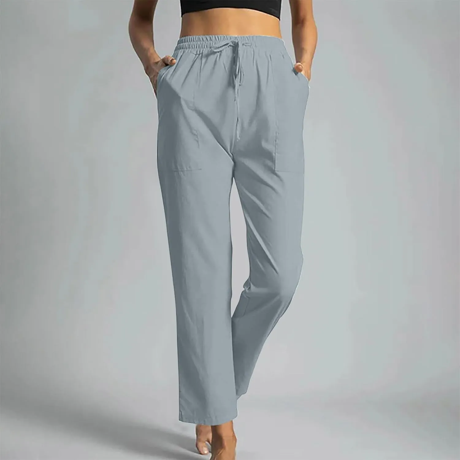 Beach Pants for Women Dressy Casual Wide Leg Linen Pants for Women Drawstring Trousers with Pockets