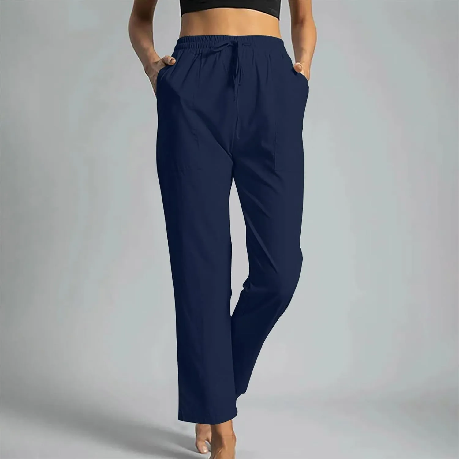 Beach Pants for Women Dressy Casual Wide Leg Linen Pants for Women Drawstring Trousers with Pockets