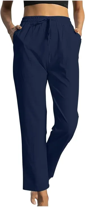 Beach Pants for Women Dressy Casual Wide Leg Linen Pants for Women Drawstring Trousers with Pockets