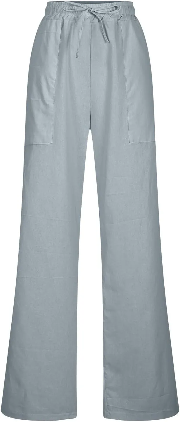 Beach Pants for Women Dressy Casual Wide Leg Linen Pants for Women Drawstring Trousers with Pockets
