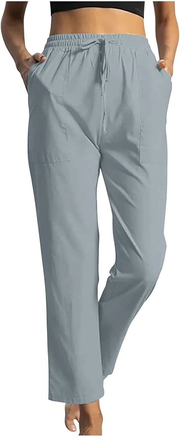 Beach Pants for Women Dressy Casual Wide Leg Linen Pants for Women Drawstring Trousers with Pockets