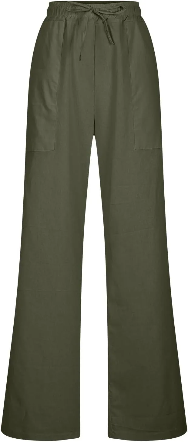Beach Pants for Women Dressy Casual Wide Leg Linen Pants for Women Drawstring Trousers with Pockets