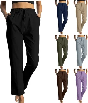 Beach Pants for Women Dressy Casual Wide Leg Linen Pants for Women Drawstring Trousers with Pockets