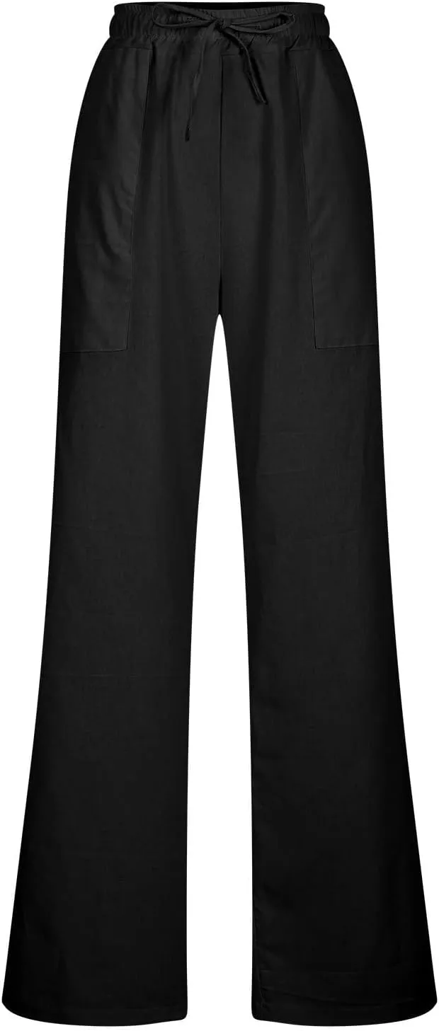 Beach Pants for Women Dressy Casual Wide Leg Linen Pants for Women Drawstring Trousers with Pockets