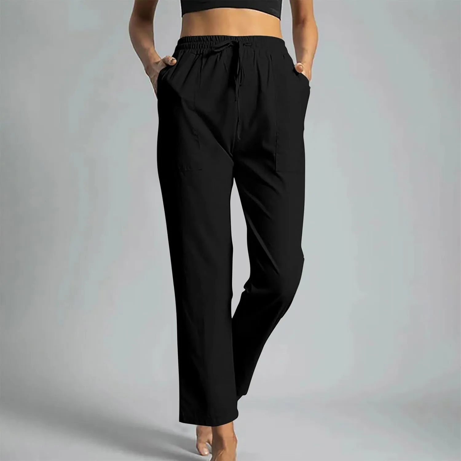 Beach Pants for Women Dressy Casual Wide Leg Linen Pants for Women Drawstring Trousers with Pockets
