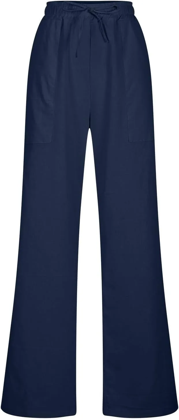 Beach Pants for Women Dressy Casual Wide Leg Linen Pants for Women Drawstring Trousers with Pockets