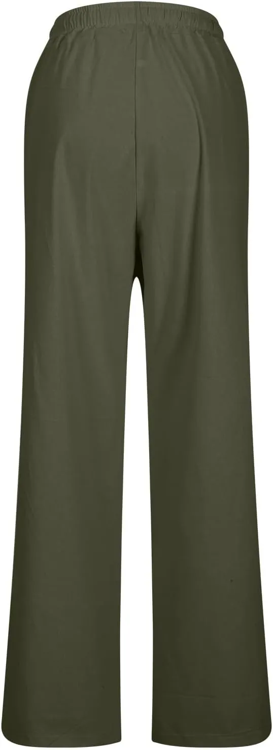 Beach Pants for Women Dressy Casual Wide Leg Linen Pants for Women Drawstring Trousers with Pockets