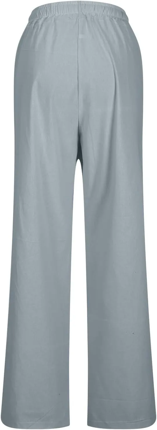Beach Pants for Women Dressy Casual Wide Leg Linen Pants for Women Drawstring Trousers with Pockets
