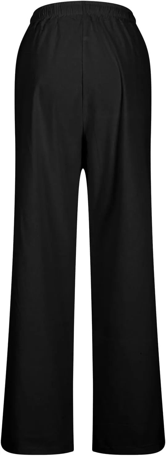 Beach Pants for Women Dressy Casual Wide Leg Linen Pants for Women Drawstring Trousers with Pockets