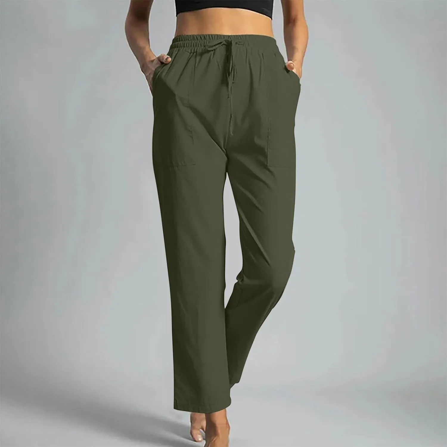 Beach Pants for Women Dressy Casual Wide Leg Linen Pants for Women Drawstring Trousers with Pockets