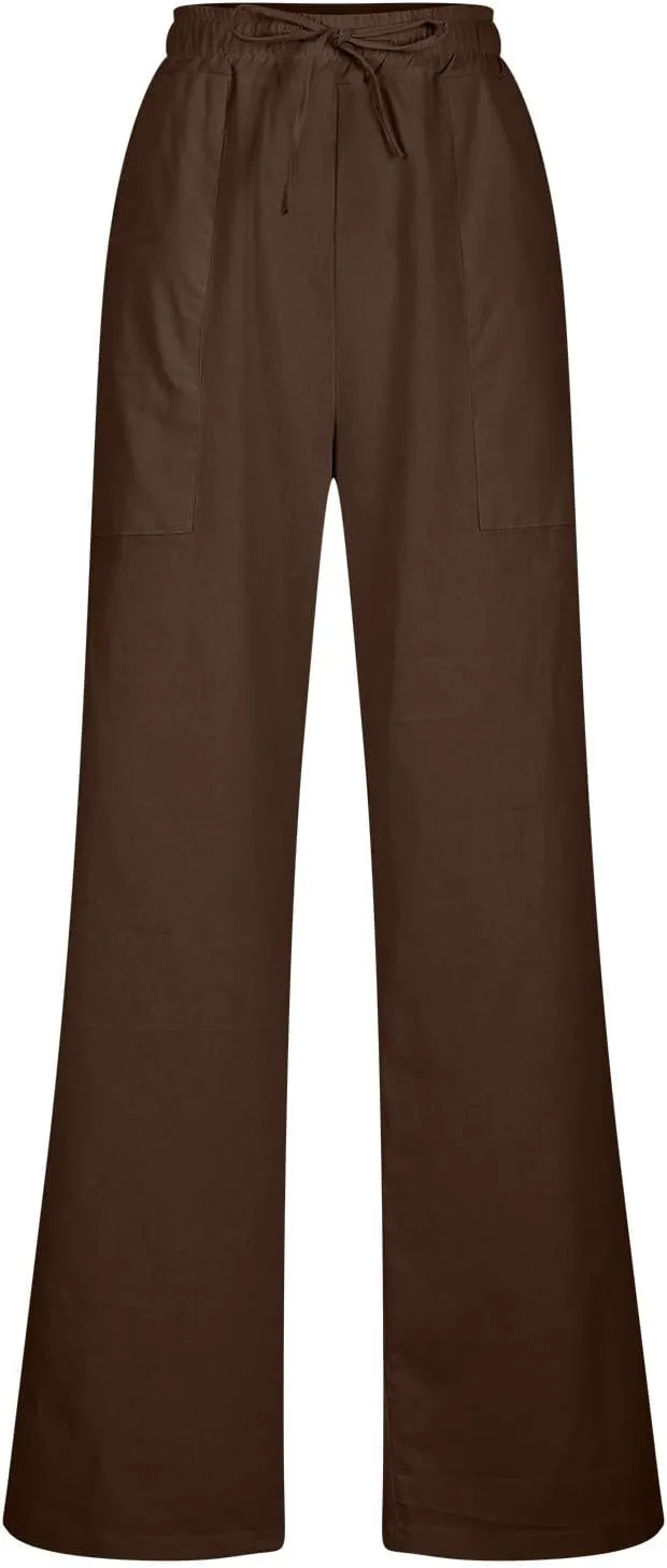 Beach Pants for Women Dressy Casual Wide Leg Linen Pants for Women Drawstring Trousers with Pockets