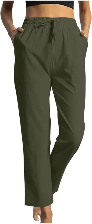 Beach Pants for Women Dressy Casual Wide Leg Linen Pants for Women Drawstring Trousers with Pockets
