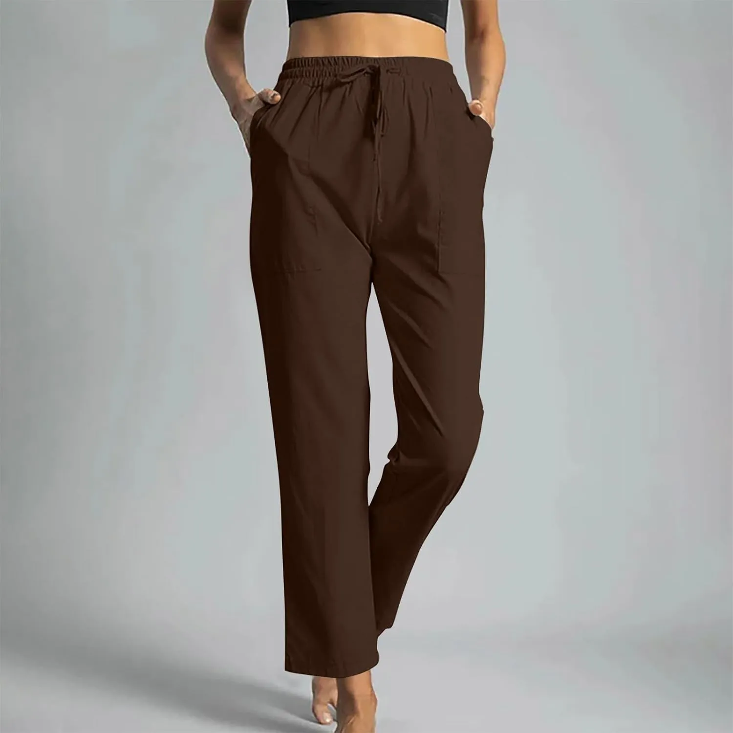 Beach Pants for Women Dressy Casual Wide Leg Linen Pants for Women Drawstring Trousers with Pockets